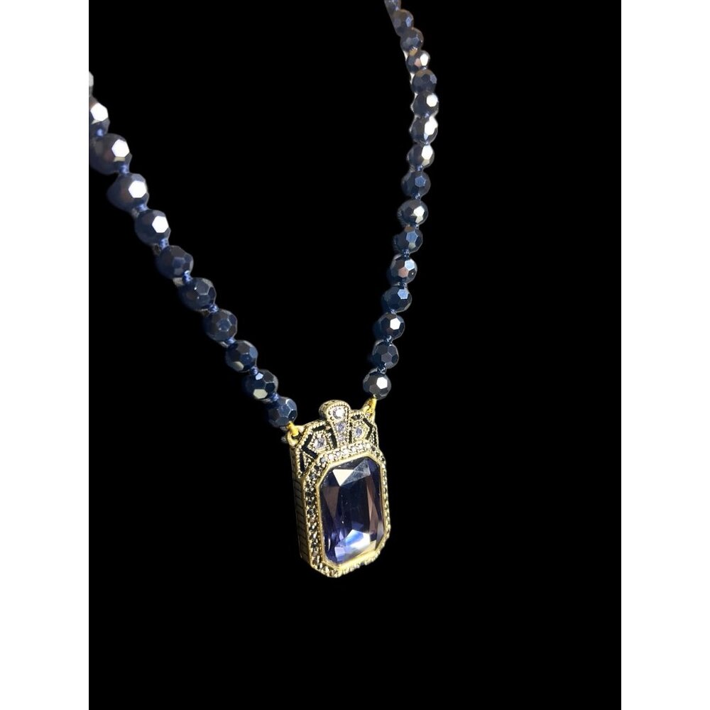 Vintage Style Gold & Blue-Blacl Crystal Necklace & Ring Set With Faceted Beads - - Picture 2 of 13